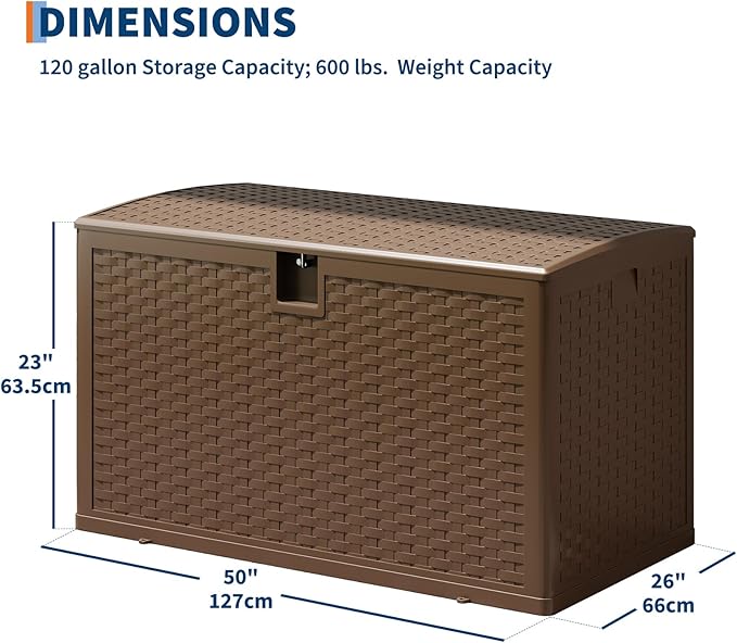 Garvee 120 gallon Waterproof Outdoor Storage Box, Lockable Plastic Deck Box with Lid, Patio Storage Bin for Pool, Garden Tools, Backyard, Porch, All-Weather Protection, Brown