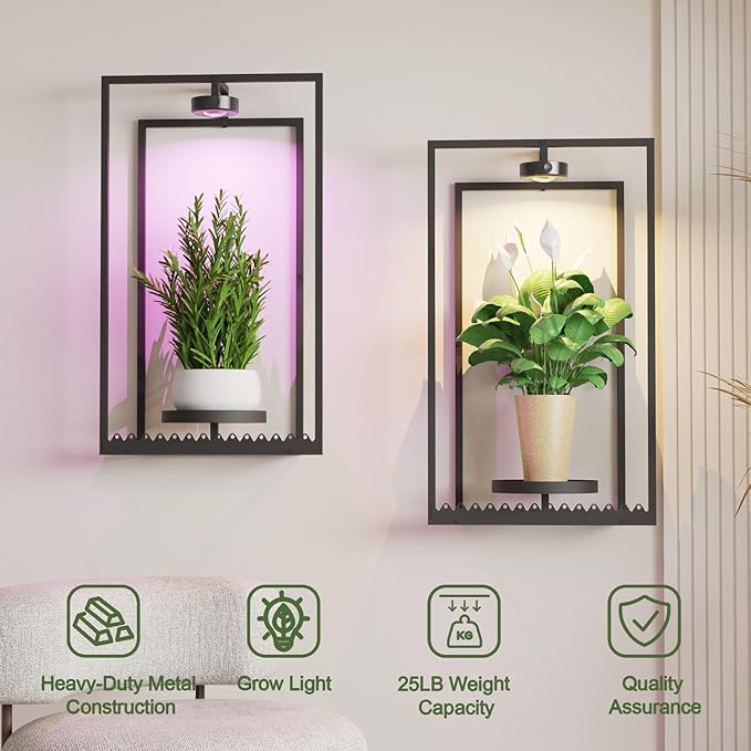 Starxing Wall Plant Shelf with Grow Lights, Remote Control Indoor Plant Holder Stand for Hanging Planters, Modern Framed Wall Decor for Living Room, Home L-2PK