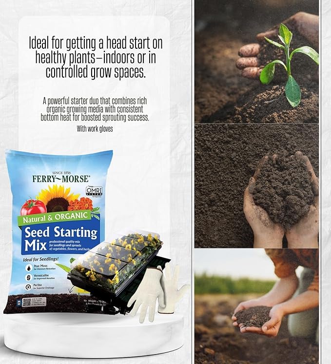 Hydrofarm 17 W Hydroponic Germination System 11 in. W and Ferry-Morse Organic Flower and Vegetable Seed Starting Mix 8 qt Bundle with Work Gloves – Indoor Gardening System – Gift Set (3 Items)