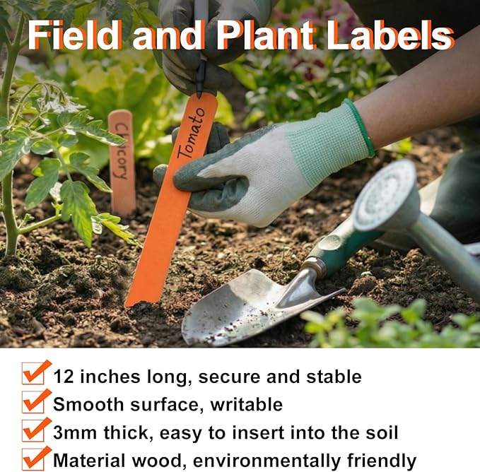 Weysat 100 Pcs 12" Wood Plant Labels for Field or Containers Plant Tags Wood Garden Labels for Seedling Stakes Markers Nursery Seed Tags with Smooth Surface for Pot Herbs Flowers Vegetables (Orange)