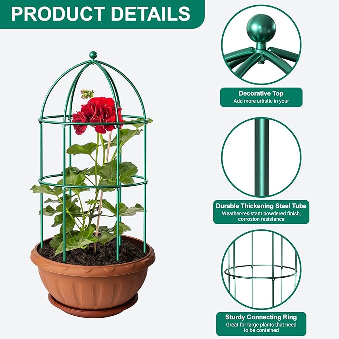 DoCred 6 Pack Plant Support Cage Large Peony Cages and Supports Peony Cage Obelisk Trellis for Climbing Plants Tomato Cages Plant Supports for Outdoor Plants Garden Decor, Green