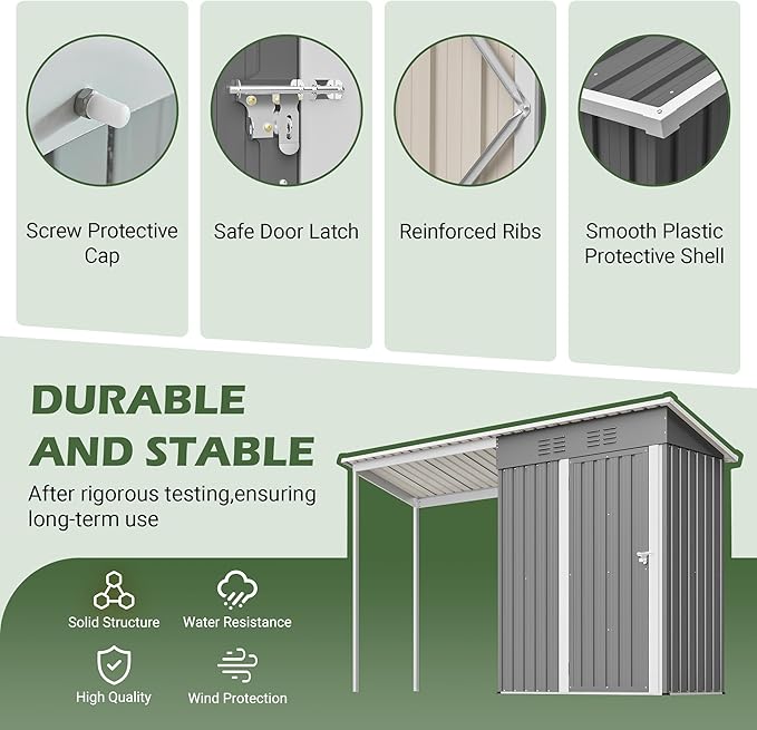 Waterproof 9.6'x2.3' Storage Shed with Gazebo Porch, Heavy Duty 2-in-1 Lean-to Tool Storage Garden House with 5'x2.3' Open Shed, Lockable Door for Patio, Backyard, Lawn, Metal, Gray