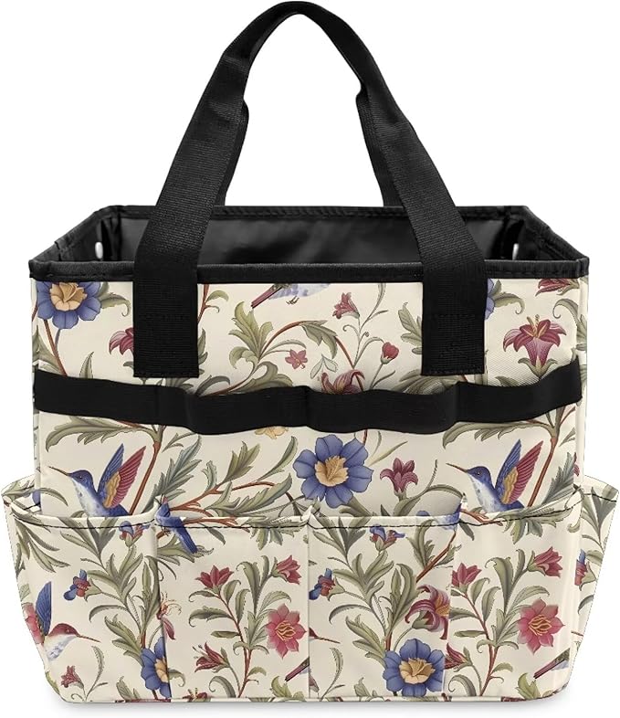 Hummingbird Flower Garden Tool Bag Portable Gardening Tool Organizer Bag with 10 Pockets and Handle Tool Carrier and Storage for Garden Lawn Yard Casual Camp