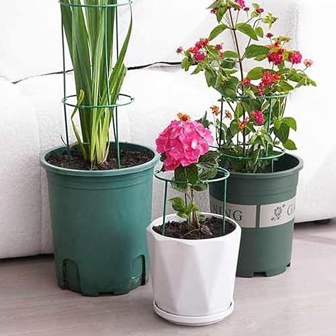 12pcs Multi-Layer Stackable Adjustable Plant Support Stakes Round Cage Holder, 10pcs Plant Support Sticks with Clips, 5pcs Connect Pipes with a Roll Green Ties for Indoor Outdoor Pots Plants
