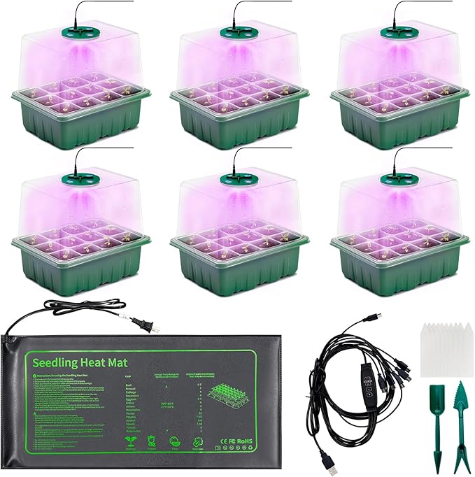 Seed Starter Kit with Grow Light and Heat Mat, 6 Pack 12-Cell Seedling Trays with LED Panels, Adjustable Timer & Dimmer Indoor Plant Propagation Station for Herbs, Vegetables, Flowers