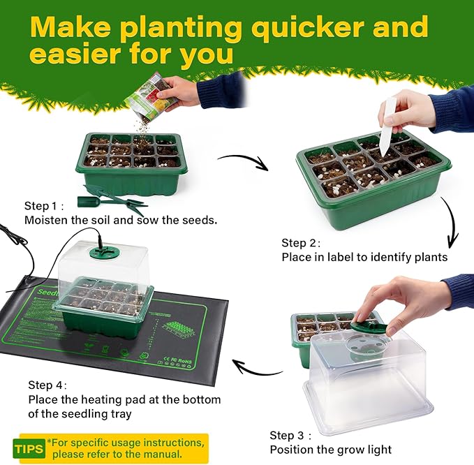 Seed Starter Kit with Grow Light and Heat Mat, 6 Pack 12-Cell Seedling Trays with LED Panels, Adjustable Timer & Dimmer Indoor Plant Propagation Station for Herbs, Vegetables, Flowers