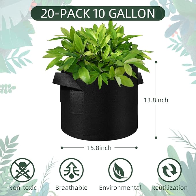 10 Gallon Grow Bags 20 Pack, Heavy Duty Thickened Nonwoven Fabric Pots with Handles, Plant Grow Bags for Vegetable/Flower/Plant/Fruits, Black