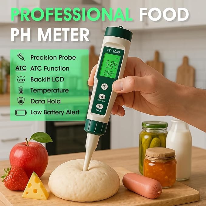 Digital pH Meter for Food, pH Tester Probe for Sourdough Bread Dough, Meat, Cheese, Fruit, Cosmetics, Water, Smart Lab pH Test kit Pen with ATC, Temperature Backlit Display for Solids Liquids Soil