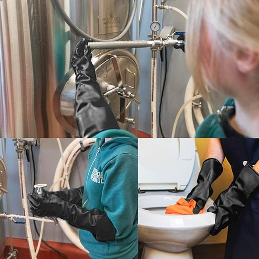 Chemical Resistant Rubber Industrial Safety Work Protective Long Gloves, Black Heavy Duty Gloves Resist Strong Acid, Alkali and Oil for Cleaning, Washing, 14 Inch, 3 Pairs Large