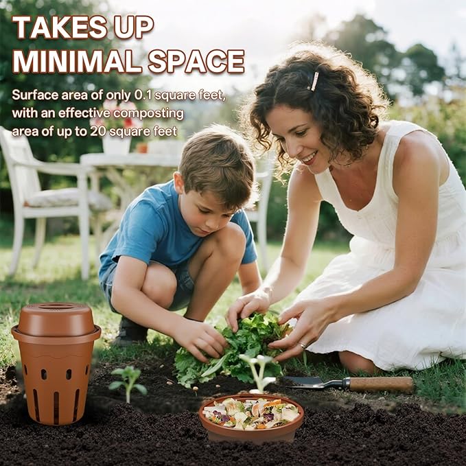 Underground Worm Composting Bin, Outdoor Mini Inground Worm Composter for Beginners, Garden Compost Bin for Garden Beds & Home Use, Worm Farm Kit for Parent, Kids (7x7x7.4Inch), Tan, 1-Pack