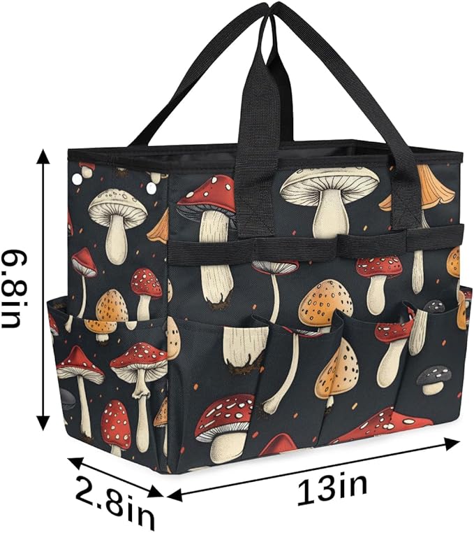 Garden Tool Bag Organizer Garden Tote Bag with Pockets Black Mushroom Tool Storage Organizer Gardening Tool Kit Holder 13" x 6.8" x 2.8"