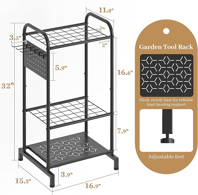 Garden Tool Organizer, Garage Tool Storage Rack, Heavy Duty Metal with Side Pegboard & Adjustable Hooks, Utility Racks for Shed, Patio & Outdoor Use