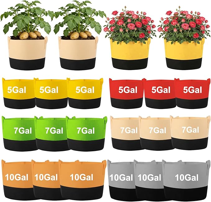 18 Pack Grow Bags, Heavy Duty Fabric Pots Nonwoven Potato Grow Bags with Sturdy Handles & Reinforced Stitching, Breathable Vegetable Flower Plant Growing Containers (5/7/10 Gallon)