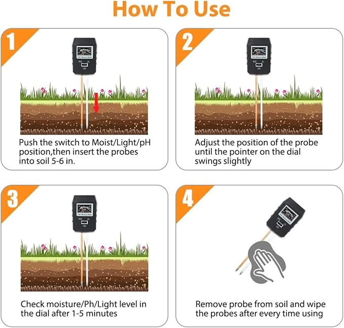 3-in-1 Soil pH, Moisture & Light Meter – No Battery Needed | Accurate & Easy-to-Use Plant Tester for Garden, Lawn & Indoor Plants | Dual Probe Design for Fast & Reliable Readings
