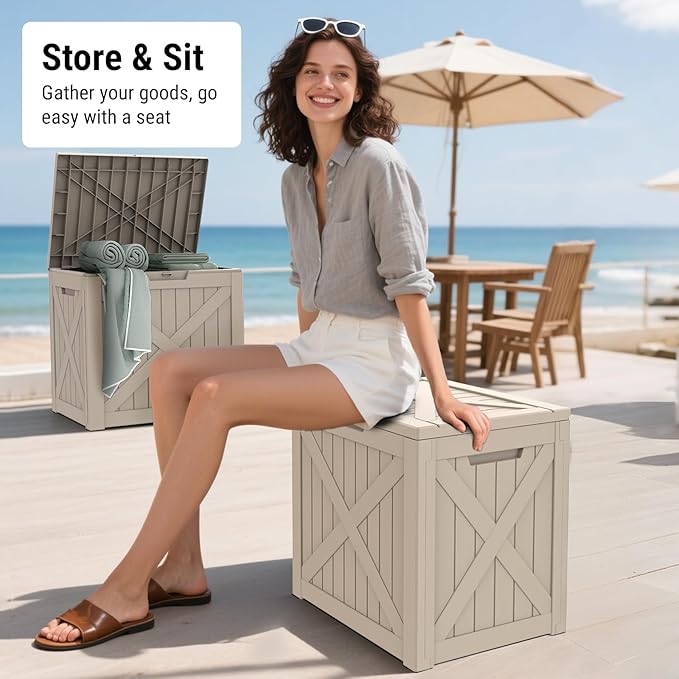 Mars Villa 31 Gallon Barn Style Deck Box, Outdoor Storage Box Waterproof, Lockable Lid, Weatherproof and UV Resistant Resin Storage Bin for Patio Furniture Cushion, Pool Supply, Garden Tool, Greige