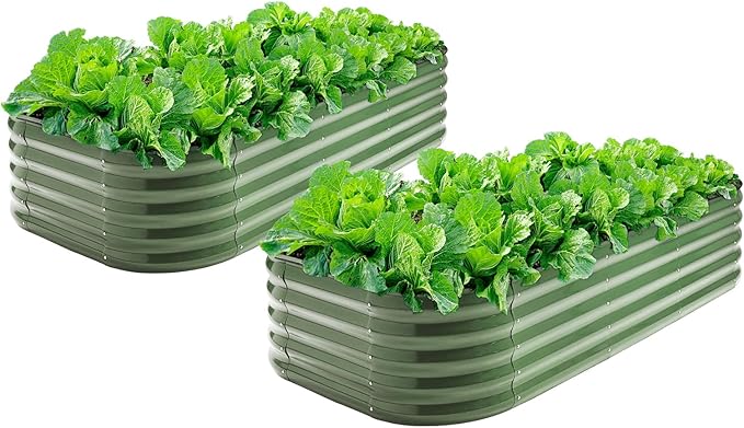2-Pack Galvanized Steel Raised Garden Beds 8x2ft Oval - 17" Tall 9-in-1 Modular Planter Boxes for Vegetables/Flowers, Rust-Proof Metal Outdoor Planters with Rubber Edging (Green, Set of 2)