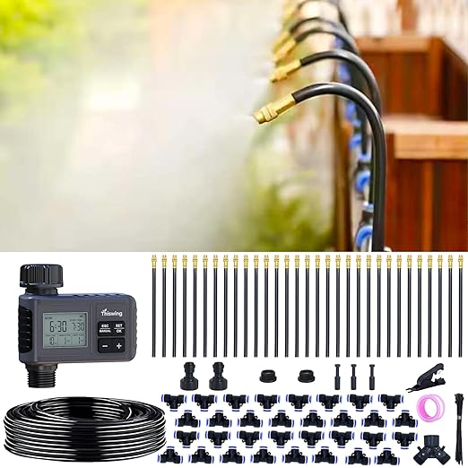 360° Adjustable Drip Irrigation System - 100FT Garden Watering Atomizing System with 32 Nozzles & Water Timer, Greenhouse Accessories for Yard, Lawn, Plants, Garden, 5/16 inches Tubing