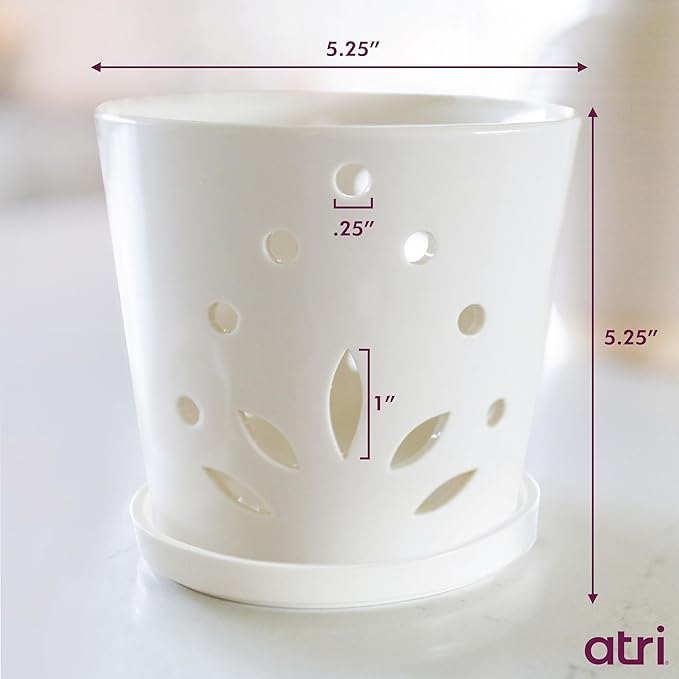 Atri Ceramic Orchid Pots with Holes–5.25in Modern Porcelain Indoor Orchid Planter–Drainage Hole–Small Orchid Pot for Repotting–White Orchid Pot with Holes