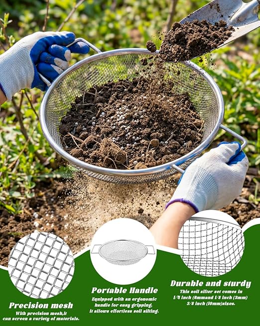 Soil Sifter for Gardening 3Pcs Compost Sifter 3 Mesh Sizes 1/8" 1/4" 3/8"Heavy Duty Dirt Sieve Fits 5 Gallon Buckets Garden Sifter with Handle for Rocks Dirt and Organic Material