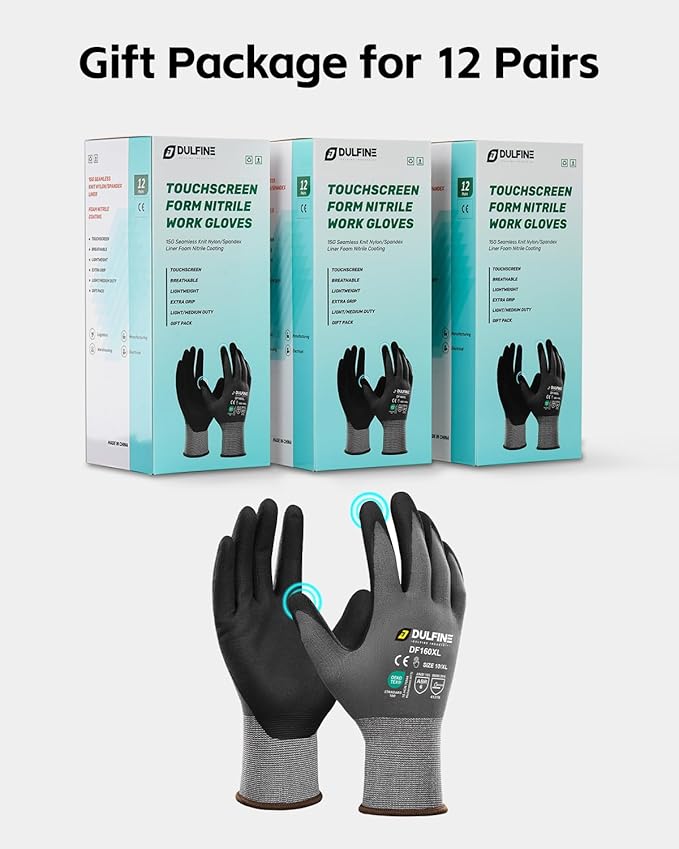 Safety Work Gloves MicroFoam Nitrile Coated-12 Pairs Pack,Seamless Knit Nylon Glove with Black Micro-Foam Nitrile Grip,Ideal for General Purpose,Automotive,Home Improvement,Painting(Extra Large)