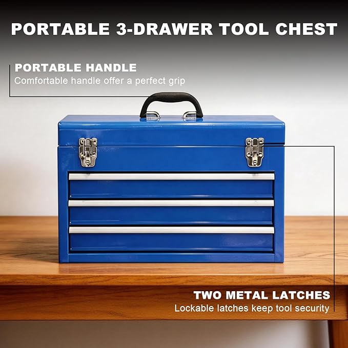 3 Drawer 20“ Metal Tool Box Portable Steel Tool Chest with Metal Latch Closure for Garage, Home and Workbench, Blue