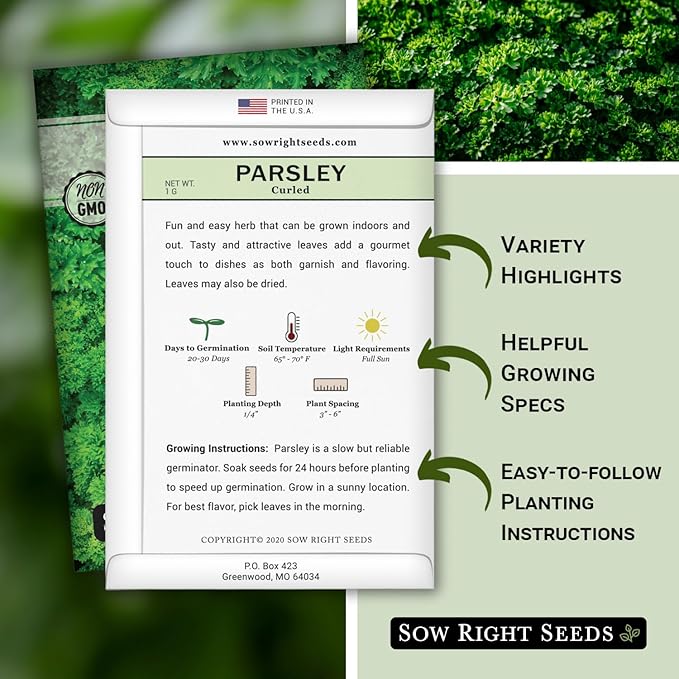 Sow Right Seeds - Curly Leaf Parsley Seed for Planting - Non-GMO Heirloom Packet with Instructions to Plant and Grow a Kitchen Herb Garden - Indoor or Outdoor - Great for Hydroponics Growing (4)