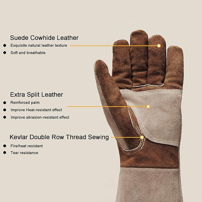 Leather Welding Gloves for Men, Welders Gloves Fireproof and Heat Resistant Mitts for Barbecue, Cooking, Firefighting, Fireplace, Oven, Baking, Stove, Pot Holder, Yark Work Thorn Proof