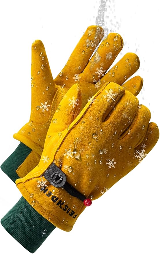 Kids Waterproof Winter Work Gloves, Deerskin Suede Leather, Insulated Warm Windproof Boys Girls Winter Work Gloves Age 5-14 (Large (12-14 Years Old), Yellow)