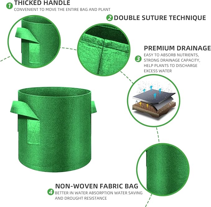 5-Pack 15 Gallon Grow Bags Heavy Duty Thickened Nonwoven Fabric Pots with Handles, Plant Grow Bags for Vegetables/Flower/Plant/Fruits, Green