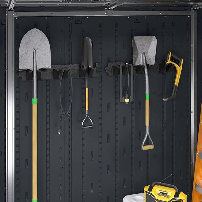 Suncast 6 Pack Long Handle Tool Organizer, Resin Wall Mount Storage Rack with Interlocking Hook System for Garage or Closet, 4.5” x 25” x 5.25”, Black