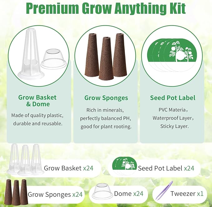 Seed Pod Kit Compatible with Aero Garden and All Brands - Grow Anything Kit for Indoor Garden Hydroponics Growing System with 24 Grow Sponges, 24 Pod Labels, 24 Plant Baskets Domes