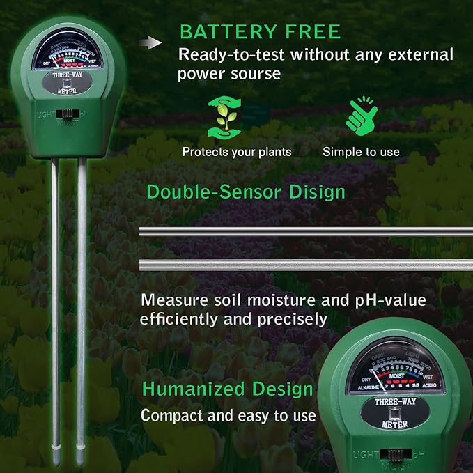 3-in-1 Soil Tester. Soil pH Meter + Moisture Meter +Light Tool for Garden Farm Lawn houseplants Indoor & Outdoor (No Battery Needed) Test Kit for Garde (3 in 1 New)