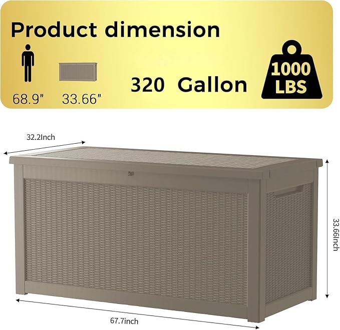 Outdoor Storage Box Waterproof, 320 Gallon Lockable Resin Deck Box, Patio Storage Bin for Pool Accessories Cushion Furniture, Garden Tools, UV-Resistant Outside Delivery Grey