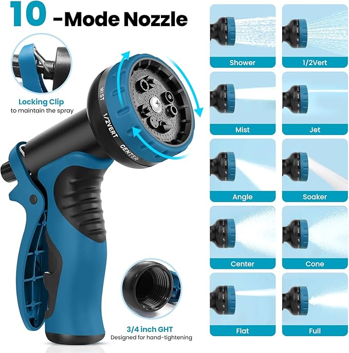 LINODI Metal Garden Hose, 50ft Stainless Steel Garden Hose – 3/4" GHT Solid Brass Connectors – Heavy Duty Flexible Metal Water Hose with 10-Way Spray Nozzle – Kink-Free Watering Kit