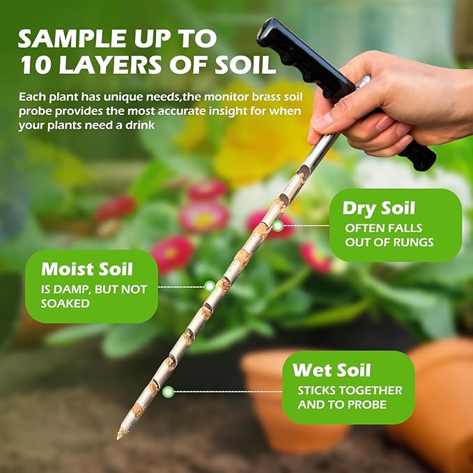 16” Monitor Soil Probe,Soil Sampler and Plant Moisture Meter,T-Handle Soil Sampler Probe Rod No Batteries Required, Root Aerator and Plant Water Monitor