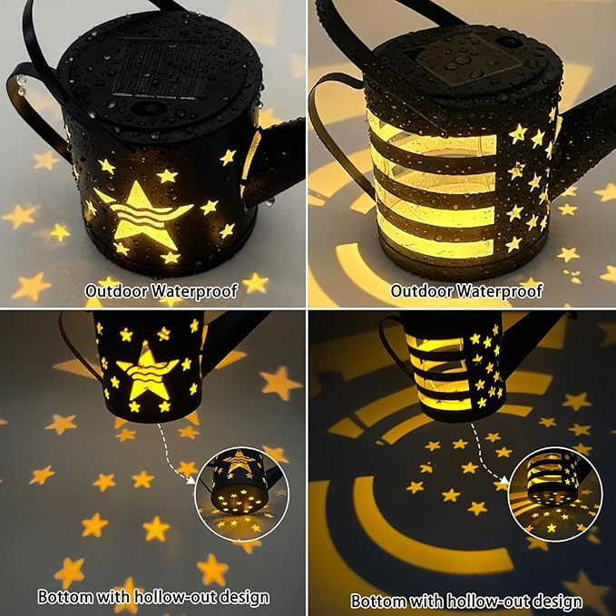 DDQ 2PC Solar Watering Can Lights with Angel Shepherd Hook, Color 58 LED IP65 Waterproof Metal Garden Decor, Auto On/Off for Patio Backyard for 4th of July Decor