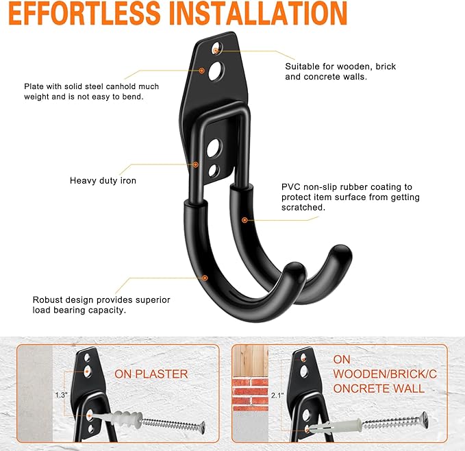 HUPBIPY Heavy Duty Garage Hooks 6 Pack, J Shaped Hanger, Wall Mounted Storage System, Power and Garden Tool Organizer, for Hanging Ladders, Bikes Tires, Hose, Bulk Items