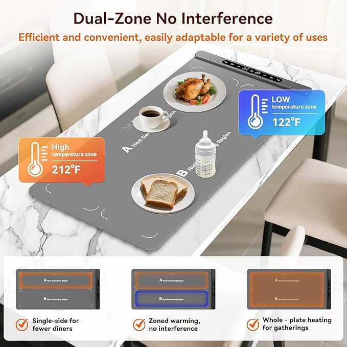 Graphene Food Warming Mat with Dual Zone Control, XXL 36"x17" Electric Heating Tray, 6 Temp & Timer Settings, Fast Even Heat for Buffets, Parties, Family Dinners, Gift for Mom & Wife (Gray)