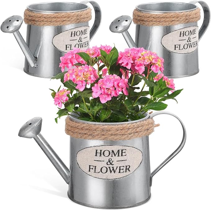Cabilock 3pcs Rustic Galvanized Metal Vase with Jute Rope Handles - Farmhouse Decorative Flower Pot, Vintage Watering Can Pitcher for Home Decor, Wedding Centerpiece, Tabletop Floral Arrangement