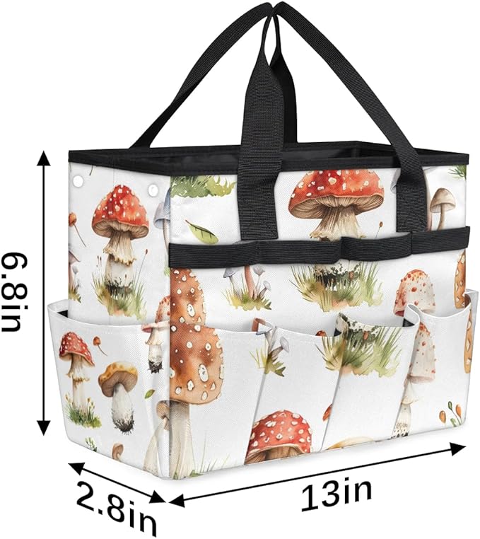 Garden Tool Bag Organizer Garden Tote Bag with Pockets Types of Mushrooms Tool Storage Organizer Gardening Tool Kit Holder 13" x 6.8" x 2.8"