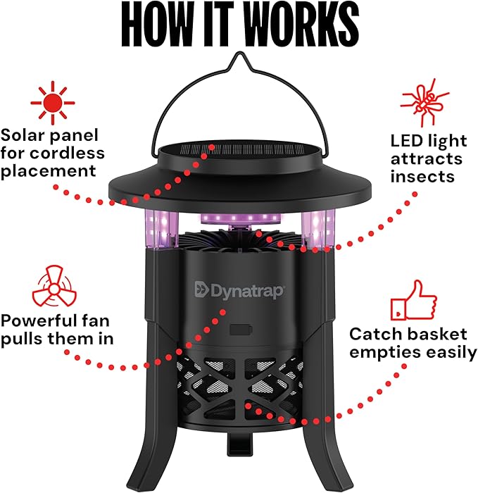 1/4 Acre LED Solar-Powered Outdoor Bug Trap, Traps Mosquitoes, Flies, Moths, Wasps, Gnats, & Other Flying Insects, Bug Zapper Alternative, Chemical-Free, Weather-Resistant Solar Outdoor Mosquito Trap