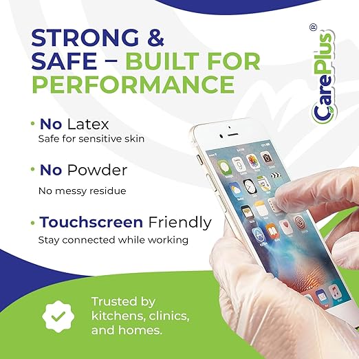 CARE PLUS Latex-Free Vinyl Gloves Clear Large Size 100 Count | Heavy Duty, Non-Sterile, Powder-Free, Rubber | Food Prep, Kitchen & Cleaning Gloves, Ideal for Professional Use