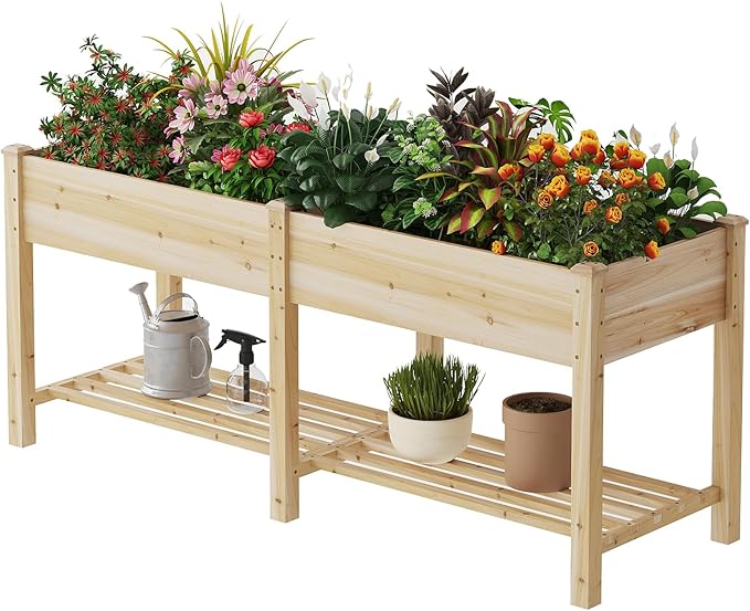 Wooden Raised Garden Bed, Planter Box with Legs, Garden Planter with Divider Bag for Backyard, Patio, Balcony, Planter Stand Box for Herbs and Vegetables(Natural-L)