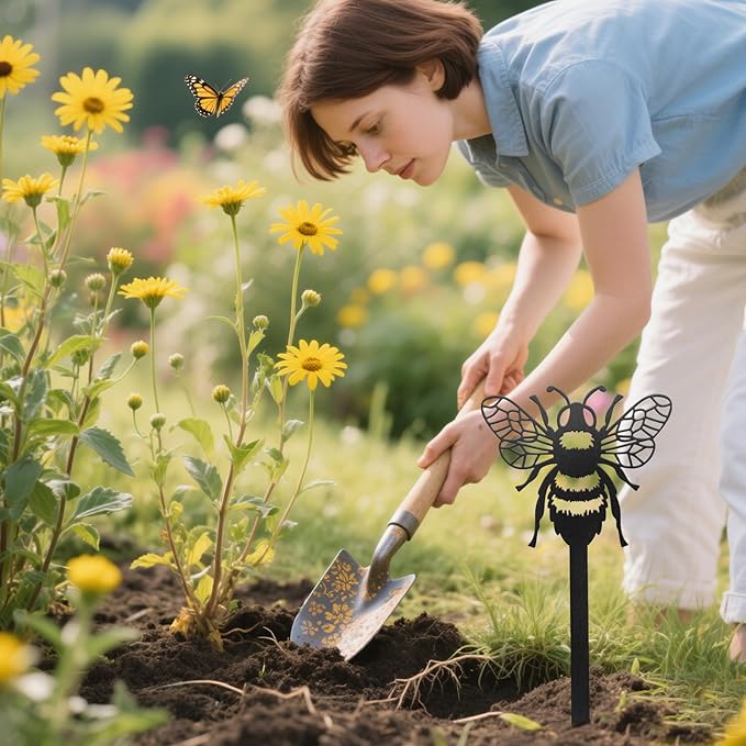 CUTHOLLOW Metal Plant Marker Stake Bee for Outdoor Indoor, Waterproof 11.8 inch Cute Garden Plant Labels Sign Tag for Vegetables, Farmhouse Greenhouse Decor - Funny Gardening Gifts