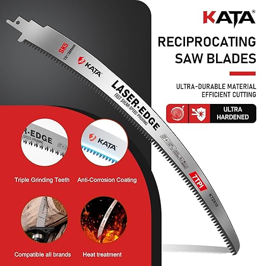 KATA Wood Pruning Reciprocating Saw Blades 15 Inch, Arc Edge SK5 Japanese Teeth Pruning Saw Blade for Cordless Saw, 7TPI Fleam Ground Teeth Curved Blades for Tree Trimming, Wood Cutting, 3-Pack