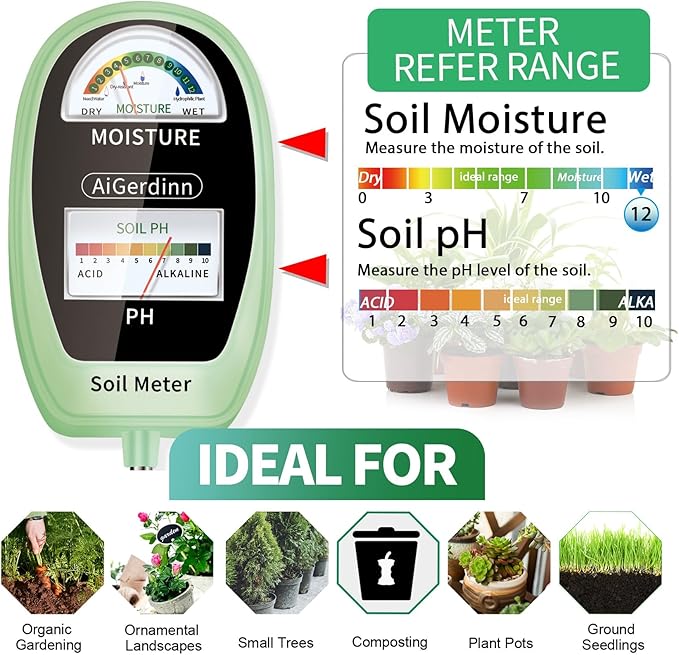 Soil Test Kit, 2-in-1 Soil Moisture Meter, Soil pH Meter -Dual Dial-Simultaneously-Display Results-Soil pH Tester, Moisture Meter for House Plants,Garden,Lawn,Farm Indoor&Outdoor-Green