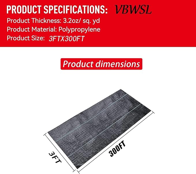 Weed Fabric Barrier Heavy Duty, 3FT x 300FT 3.2oz Garden Weed Blocker Fabric, Landscaping Fabric, Weed Control Fabric Ground Cover Gardening Mat.