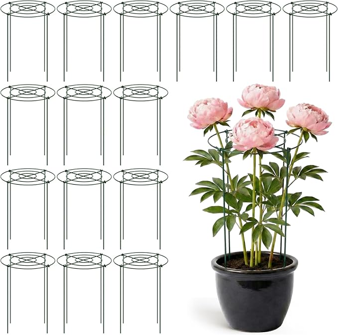Geelin 15 Pack 12'' x 24'' Peony Cages and Supports Grow Through Metal Plant Supports Frame Rings Hoops for Outdoor Plants Peony Flowers Tomato Rose (Green)