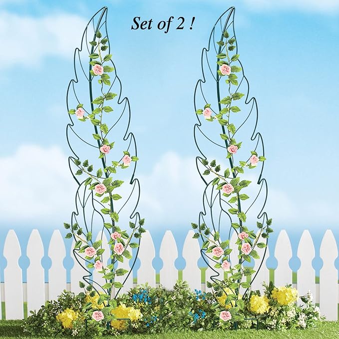 Metal Garden Trellis Plant Support Trellis for Climbing Vines Floral Vegetables Metal Trellis -Green Leaf Trellis Garden Decor Set of 2（Green）