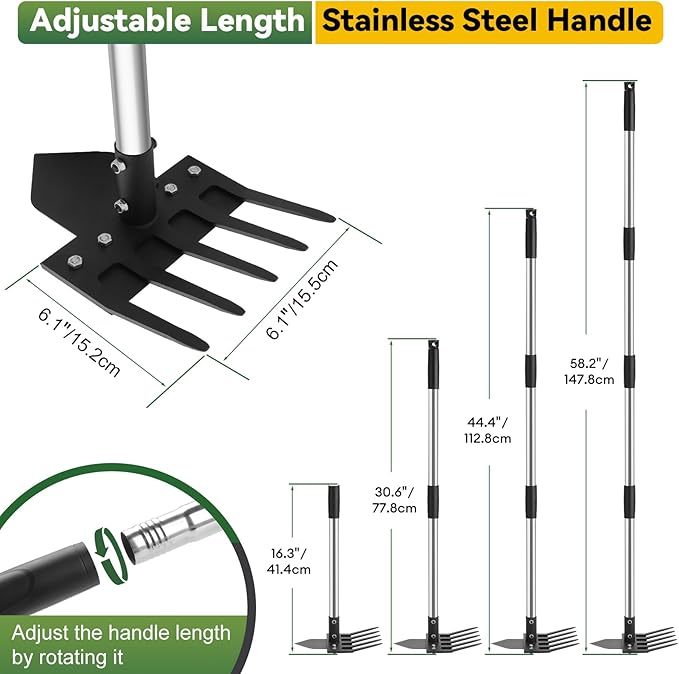 2-in-1 Hoe Garden Tools, 17-58" Weed Puller Tool with Long Handle, Heavy Duty Handle Garden Hoe and Weed Rake, Hoes for Gardening Yards Lawns Gardens Weeding